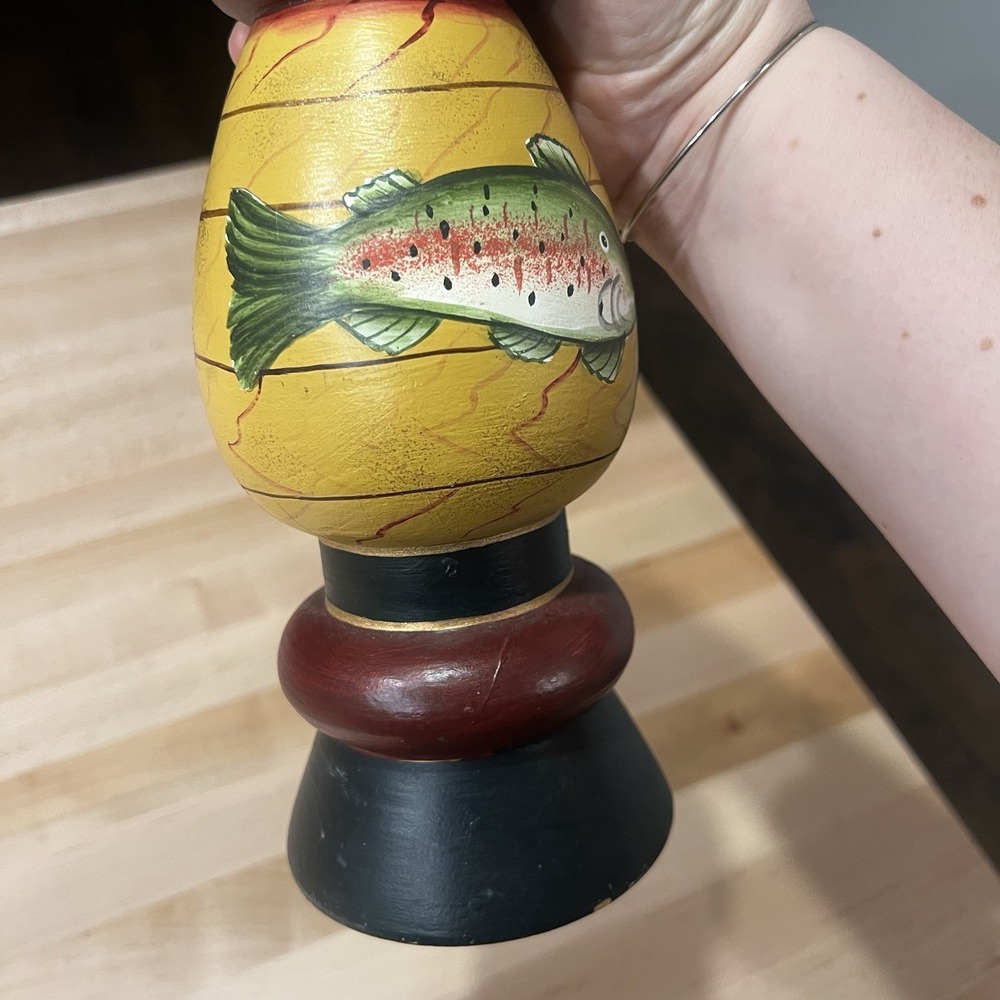 Whimsical Hand-Painted Pillar Candle Holder, Fish, Philippines, Wood, Cracked - Picture 10 of 10